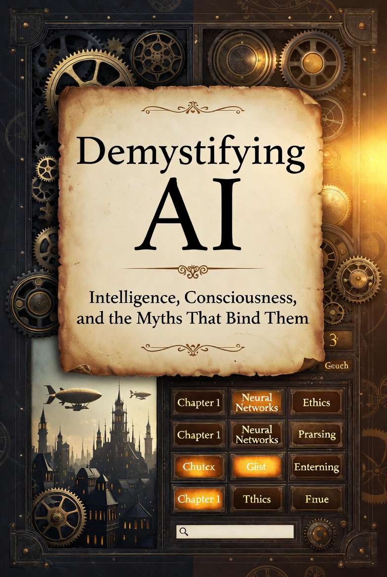Image: Debunking AI myths in a vertical steampunk style.